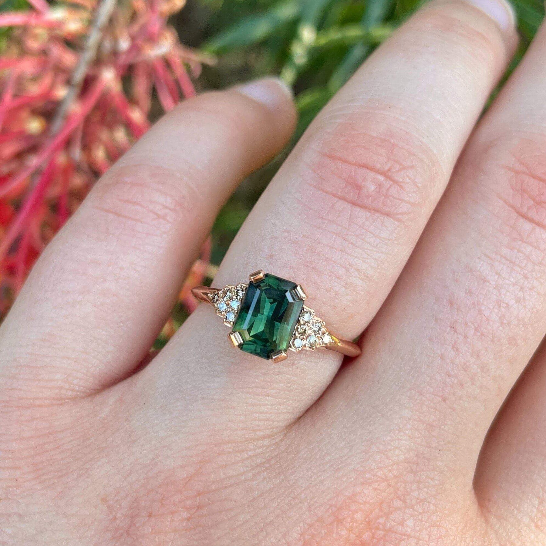 Oval Green Sapphire Ring Stack Rose Gold Halo Diamond Wedding Band Set | La  More Design